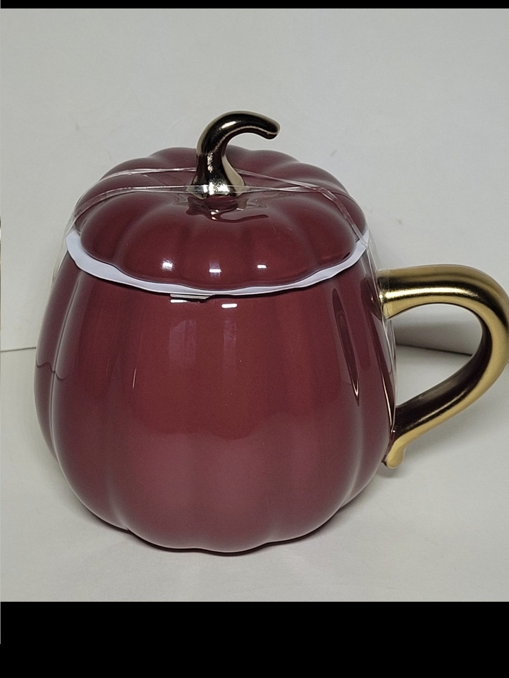 Cost Plus World Market Burgundy Pumpkin Mug with Gold Handle and Stem